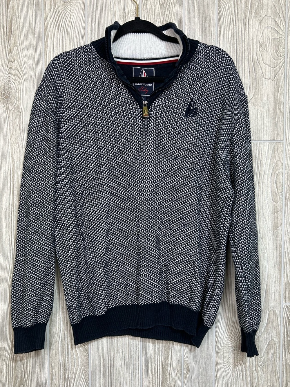 Andrew James Sailing Quarter Zip Navy White Geometric Pattern Pullover Sweater L